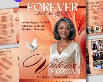 Orange Elegant Funeral Program Template, Celebration of Life Obituary Memorial Booklet (Canva Editable)