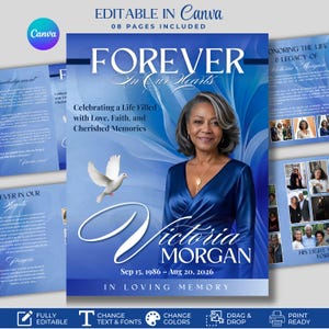May include: An editable funeral program template featuring a blue abstract background, a white dove, and a portrait of a person. The text reads Forever In Our Hearts, Victoria Morgan, Sep 15, 1986 - Aug 20, 2026, and In Loving Memory.