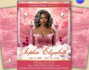 Pink Roses Funeral Program, Celebration of Life Obituary, In Loving Memory, Canva Memorial Template