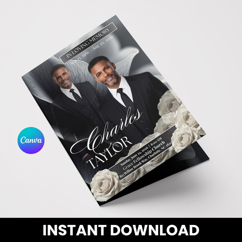 Black & White Funeral Program Template | Canva Memorial Service Obituary | Celebration of Life image 4