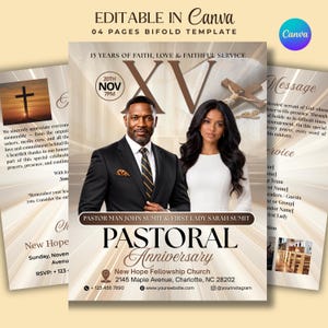 Puede incluir: Una plantilla de programa de iglesia de cuatro páginas plegable y editable en Canva. El diseño muestra a un hombre con traje y una mujer con vestido blanco, con el texto Pastoral Anniversary, 15 Years of Faith, Love & Faithful Service.