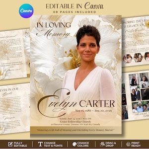 Może przedstawiać: Edytowalny szablon programu pogrzebowego z portretem osoby w białej sukni na tle dużego białego kwiatu. Tekst zawiera In Loving Memory, Evelyn Carter, Sep 15, 1986 – Aug 20, 2026 oraz Grace Fellowship Church.