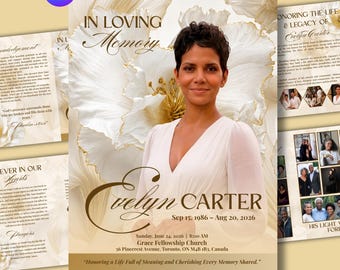 White Gold Funeral Program, Celebration of Life Obituary, In Loving Memory, Canva Memorial Template
