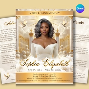 May include: A memorial announcement featuring a portrait of a woman with gray hair, wearing a white dress. The text reads "Sophia Elizabeth" with birth and death dates, and details for a church service. The design includes doves and ornate gates.