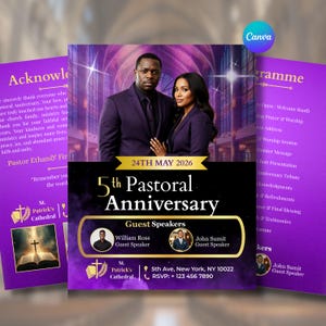 May include: A promotional flyer for the 5th Pastoral Anniversary, featuring a couple in formal attire. The design includes text such as "Guest Speakers," "St. Patrick's Cathedral," and the date "24th May 2026." The color scheme is purple and gold.
