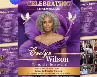 Purple Funeral Program Template, Celebration of Life Booklet, Obituary Template, Editable Canva (Digital Download)