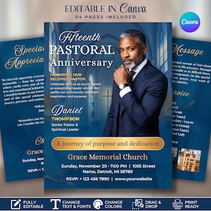 May include: A digital flyer template for a Fifteenth Pastoral Anniversary featuring a man in a navy suit. The text includes "Fifteenth PASTORAL Anniversary," "Daniel THOMPSON," and "Grace Memorial Church" with event details for November 20 in Detroit.