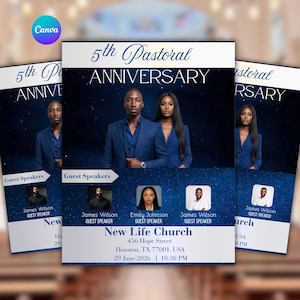 Op de afbeelding: Een flyer voor het 5e pastoraal jubileum van de New Life Church in Houston, TX, met een donkerblauwe sterrenachtergrond, portretten van een man en vrouw in blauwe pakken, en drie gastsprekers met de datum 29 juni 2026 om 22:30 uur.