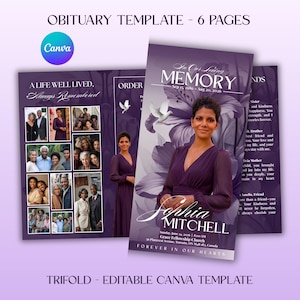 May include: A six-page trifold obituary template in shades of purple featuring a floral background, a portrait of a person, and white dove graphics. The text includes "In Our Loving Memory," "Sophia Mitchell," and "A Life Well Lived, Always Remembered."