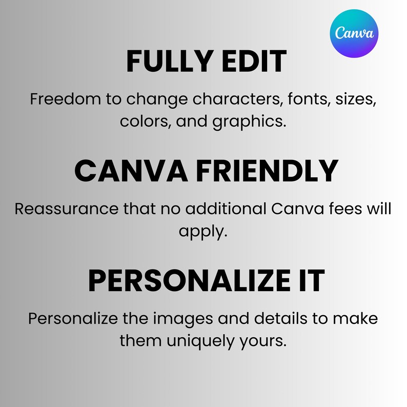 May include: A digital graphic with the Canva logo in the top right corner. The text reads: FULLY EDIT Freedom to change characters, fonts, sizes, colors, and graphics. CANVA FRIENDLY Reassurance that no additional Canva fees will apply. PERSONALIZE IT.