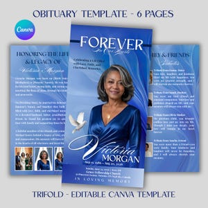 Plantilla de programa funerario tríptico azul / Obituario de celebración de vida / En memoria de un ser querido / Plantilla de Canva