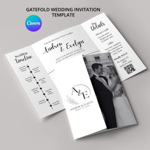 May include: A white gatefold wedding invitation template featuring black text, a wedding timeline, a photo of a couple, and a QR code. The text includes names Andrew and Evelyn, the date August 25, 2026, and details regarding dress code and RSVP.