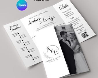 Floral Gatefold Wedding Invitation Template, Photo Booth Strip Design (Canva Editable)