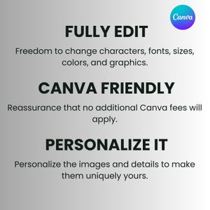 May include: A digital graphic with a white to gray gradient background featuring the Canva logo and text: FULLY EDIT Freedom to change characters, fonts, sizes, colors, and graphics. CANVA FRIENDLY Reassurance that no additional Canva fees will apply. PERSONALIZE IT Personalize the images and details to make them uniquely yours.