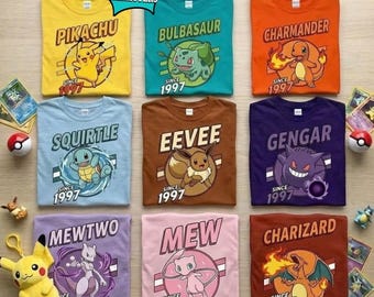 Camiseta personalizada de Pokeball con todos los personajes, camiseta de Pikachu, Charmander y Gengar, camiseta de anime de monstruos Pokémon, camiseta a juego para cumpleaños familiares.