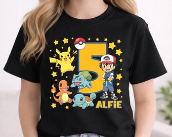 Camiseta de cumpleaños con nombre personalizado y diseño de Pokébola, camiseta de cumpleaños personalizada, camiseta de cumpleaños de Charmander y Bulbasaur, camiseta a juego para la familia Monster.