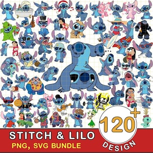 May include: A collection of 120 Stitch and Lilo designs in PNG and SVG formats. The image features various illustrations of Stitch in different poses and outfits, with a large Stitch figure in the center. The text "STITCH & LILO" and "120 DESIGN" are also visible.