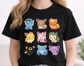 Camiseta de Pokeball Eeveelutions, camiseta retro con estampado de monstruos de bolsillo, linda camiseta de Eeveelutions Gengar Charizard, regalo para enamorados