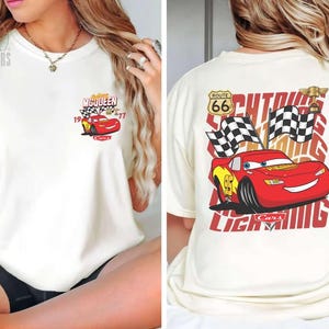 Camiseta de Rayo McQueen de doble cara, sudadera con la bandera de la película Cars de Disneyland Racing 95, camiseta de cumpleaños para niños, regalo para vacaciones familiares en Disneyland imagen 1