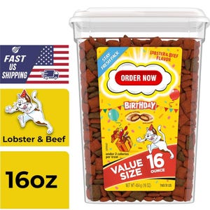 May include: A clear plastic container filled with cat treats. The label reads "Lobster & Beef Flavor" and "Birthday". The container is labeled "Value Size 16 ounce". The image also includes a cartoon cat.