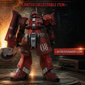May include: A red and grey robotic mobile suit figure featuring the text LEGENDARY MOBILE SUIT, LIMITED COLLECTABLE ITEM, 08, JEON MS-06R-001, and LAYEREDFOUNDRY.COM. The figure holds a large axe-like weapon and stands on a circular platform.