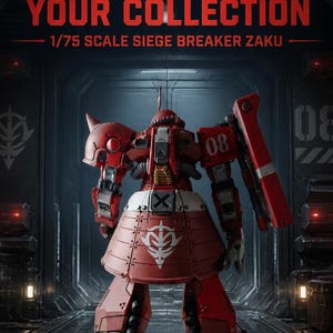 May include: A 1/75 scale Siege Breaker Zaku robot figure in red and white with the number 08 on the shoulder. The text COMMAND YOUR COLLECTION and LAYERED FOUNDRY appear above and below the figure, with layeredfoundry.com at the bottom.