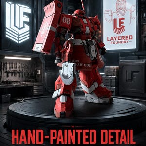 May include: A red and white robotic action figure with the number 08 on its shoulder, holding a curved blade. The figure features text including ZEON, ZW 001, HAND-PAINTED DETAIL, EVERY PANEL LINE CRISP, DISCOVER MORE, and the LAYERED FOUNDRY logo.