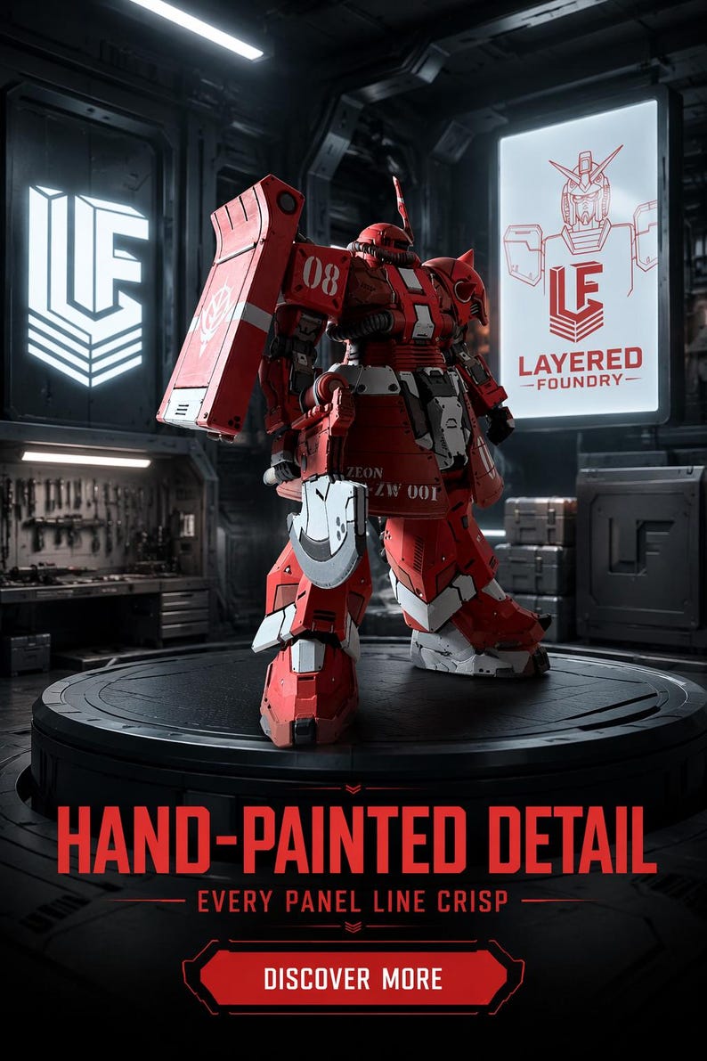 May include: A red and white robotic action figure with the number 08 on its shoulder, holding a curved blade. The figure features text including ZEON, ZW 001, HAND-PAINTED DETAIL, EVERY PANEL LINE CRISP, DISCOVER MORE, and the LAYERED FOUNDRY logo.