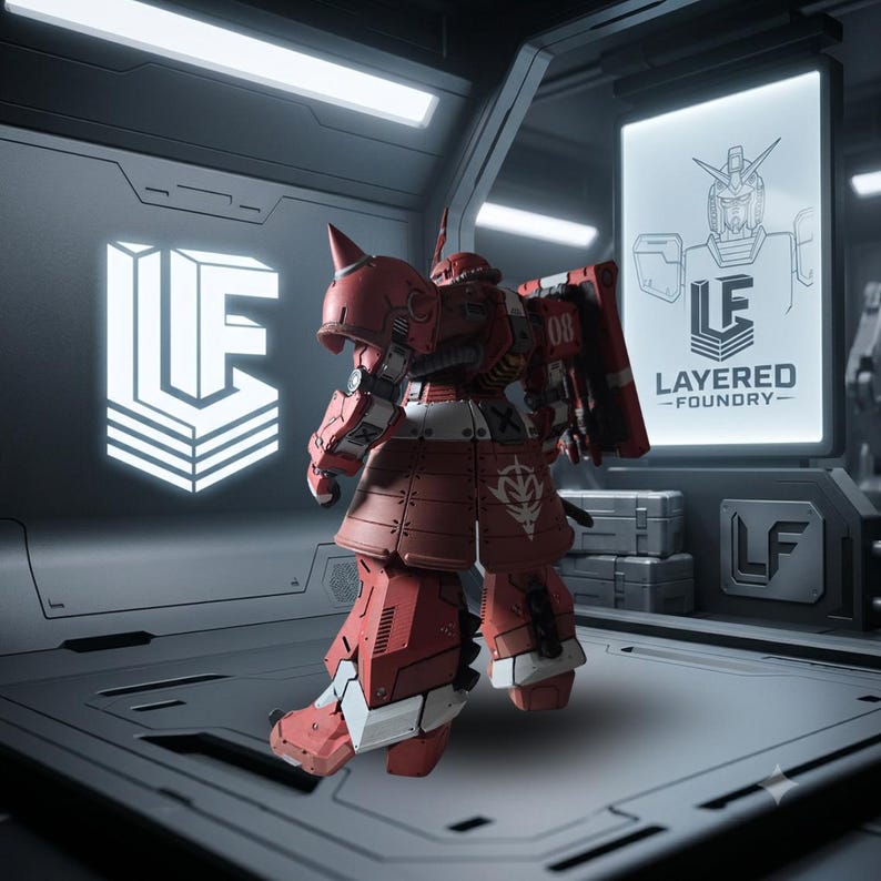 May include: A red and white robotic action figure standing in a futuristic hangar. The figure features a spiked shoulder, mechanical armor plating, and the number 08 on its side. A glowing sign displays the text Layered Foundry and a robot head.
