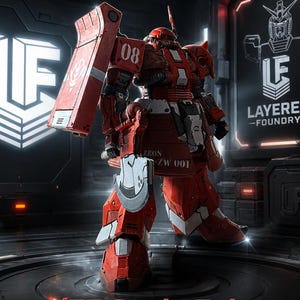 May include: A 1/75 scale Zaku Siege Breaker Premium Edition model kit featuring a red and white robotic figure with a large shield, a handheld axe, and the text 08, ZEON, and ZW 001 printed on its armor, displayed with Layered Foundry branding.