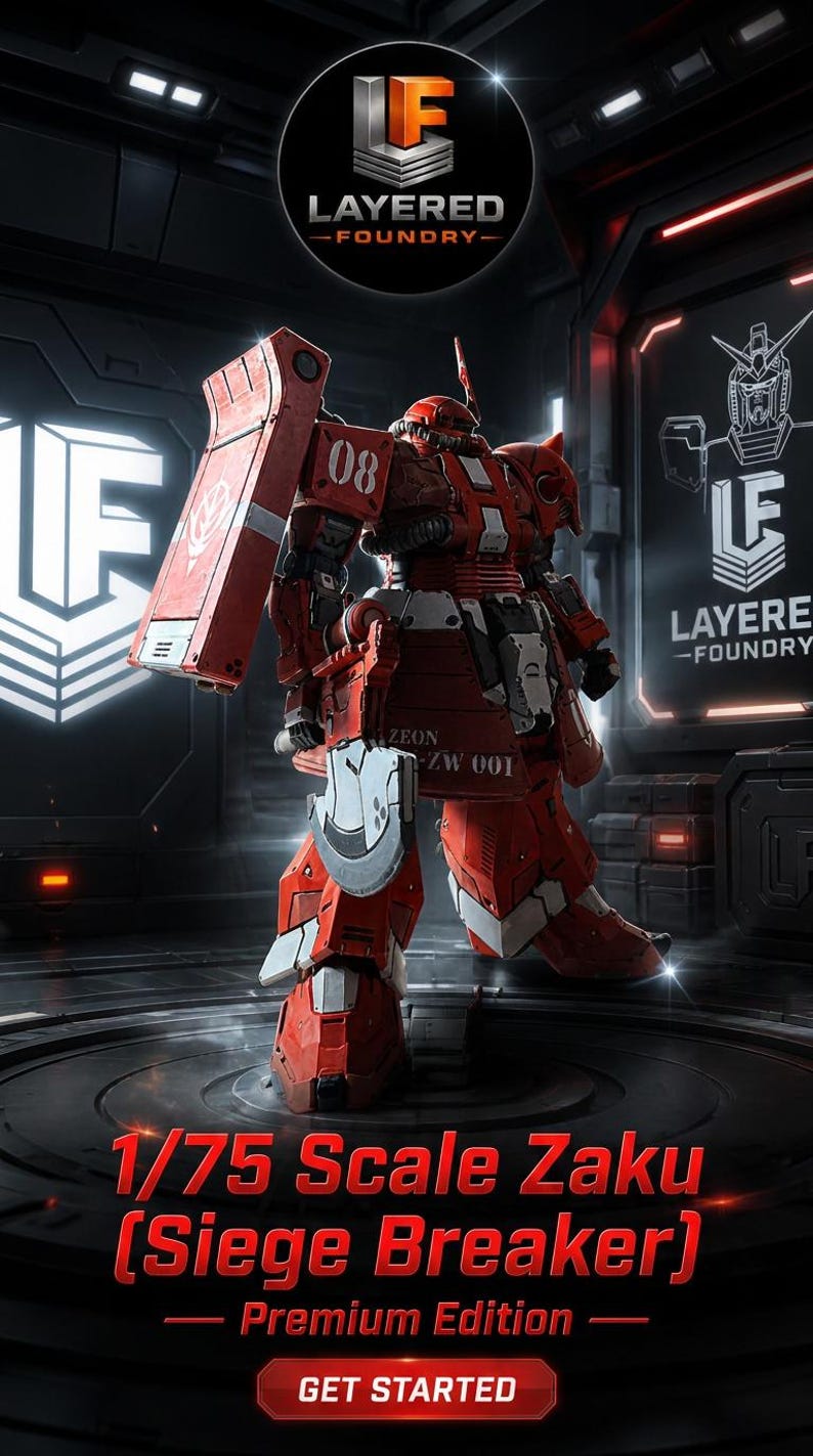 May include: A 1/75 scale Zaku Siege Breaker Premium Edition model kit featuring a red and white robotic figure with a large shield, a handheld axe, and the text 08, ZEON, and ZW 001 printed on its armor, displayed with Layered Foundry branding.
