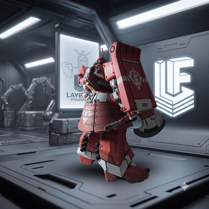 May include: A red and white robotic action figure standing in a futuristic hangar. The figure features a large rectangular shield on its left arm, a battle axe, and the number 08 printed on its shoulder. The design includes mechanical armor plating.
