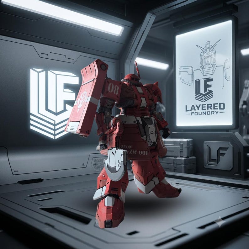 May include: A red and white robotic action figure with the number 08 on its shoulder, holding a grey axe-like weapon. The figure stands in a futuristic hangar with glowing signs displaying the text LF and LAYERED FOUNDRY in a clean font.
