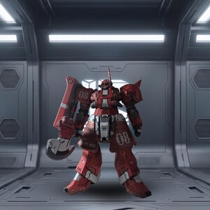 May include: A red and grey robotic action figure featuring a prominent number 08 on the shoulder and skirt armor. The figure holds a large axe-like weapon in its right hand and displays mechanical detailing across its torso, limbs, and head.