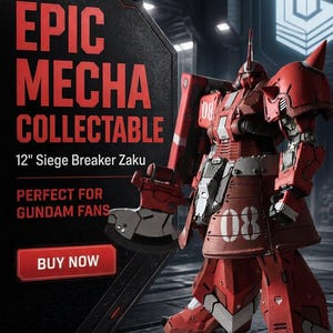 May include: A 12" Siege Breaker Zaku mecha action figure in red and grey armor with the number 08 on the leg and shoulder. The figure holds a large axe-like weapon. Text on the display reads: EPIC MECHA COLLECTABLE, 12" Siege Breaker Zaku, PERFECT FOR GUNDAM FANS, BUY NOW.