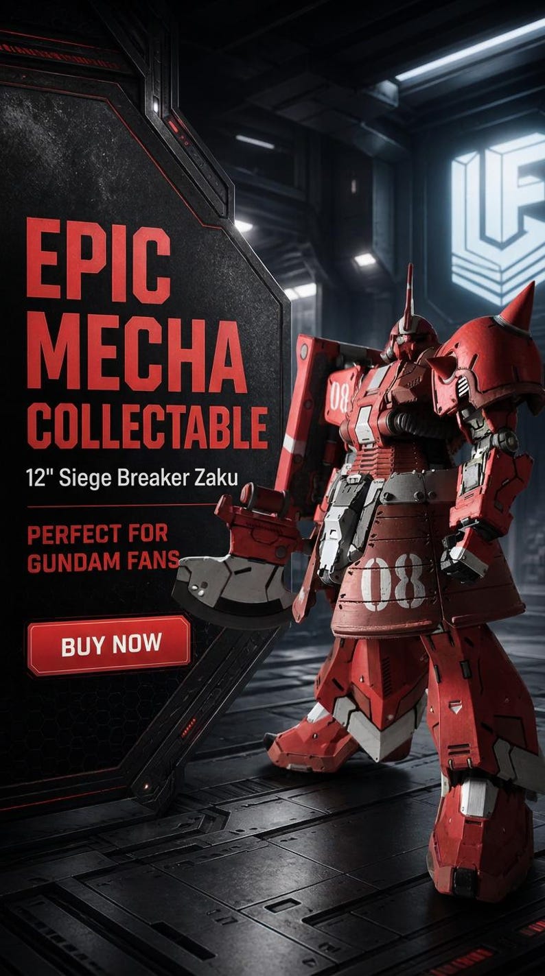 May include: A 12" Siege Breaker Zaku mecha action figure in red and grey armor with the number 08 on the leg and shoulder. The figure holds a large axe-like weapon. Text on the display reads: EPIC MECHA COLLECTABLE, 12" Siege Breaker Zaku, PERFECT FOR GUNDAM FANS, BUY NOW.