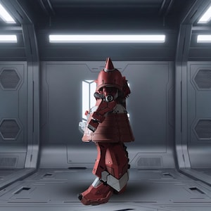 May include: A red and gray robotic action figure with a pointed helmet, segmented armor plating, and mechanical joints. The figure stands in a profile position, showcasing its detailed plating, articulated limbs, and industrial design aesthetic.