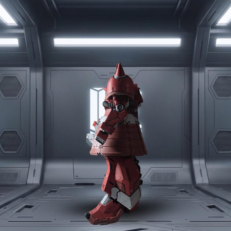 May include: A red and gray robotic action figure with a pointed helmet, segmented armor plating, and mechanical joints. The figure stands in a profile position, showcasing its detailed plating, articulated limbs, and industrial design aesthetic.