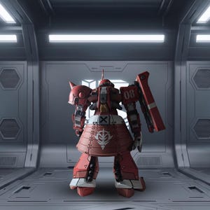 May include: A red and white robotic action figure seen from the back, featuring a skirt-like armor section with a white emblem, the number 08 on the shoulder, and mechanical details on the legs and torso, standing in a metallic gray hangar.