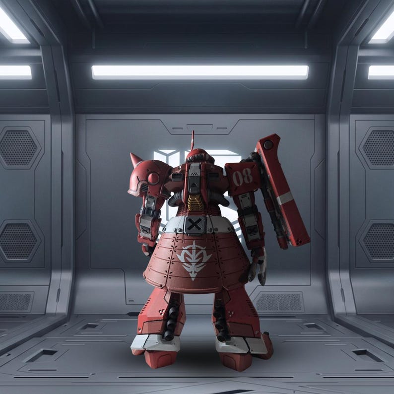 May include: A red and white robotic action figure seen from the back, featuring a skirt-like armor section with a white emblem, the number 08 on the shoulder, and mechanical details on the legs and torso, standing in a metallic gray hangar.