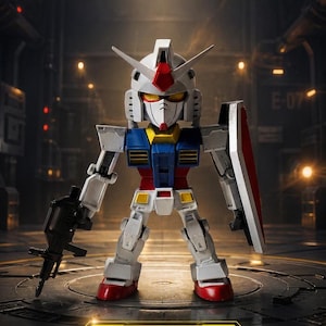May include: A miniature RX-78 robot figure with white, blue, red, and yellow armor, holding a black rifle and a red and white shield. Text at the top reads MINI SD RX-78 READY TO DISPLAY, NO ASSEMBLY. A yellow button below reads GET YOURS.