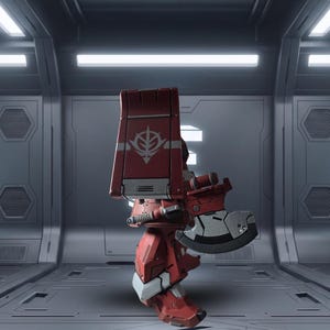 May include: A red robotic action figure featuring a large rectangular shoulder shield with a white emblem, a metallic gray and red handheld axe, and articulated armor plating. The figure stands in a profile view with mechanical detailing throughout.