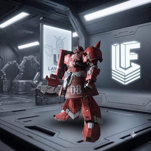 May include: A red robotic action figure with white accents, featuring the number 08 on its chest and shoulder armor. The figure holds a large axe-like weapon and stands in a futuristic hangar setting with a glowing white logo on the wall.
