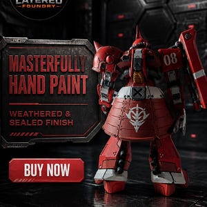 May include: A red and white robotic action figure with the number 08 on its shoulder and a white emblem on its skirt. Text on the left reads: LAYERED FOUNDRY, MASTERFULLY HAND PAINT, WEATHERED & SEALED FINISH, and BUY NOW on a red button.