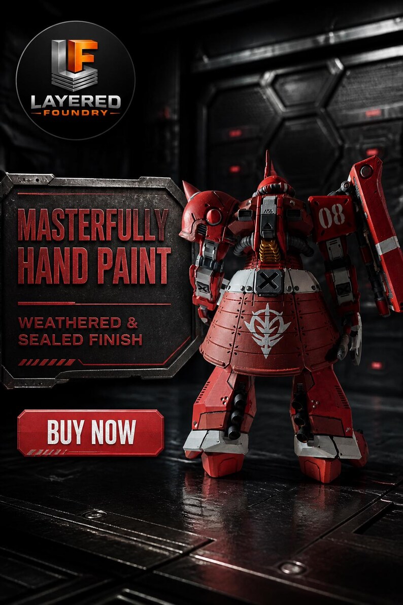 May include: A red and white robotic action figure with the number 08 on its shoulder and a white emblem on its skirt. Text on the left reads: LAYERED FOUNDRY, MASTERFULLY HAND PAINT, WEATHERED & SEALED FINISH, and BUY NOW on a red button.