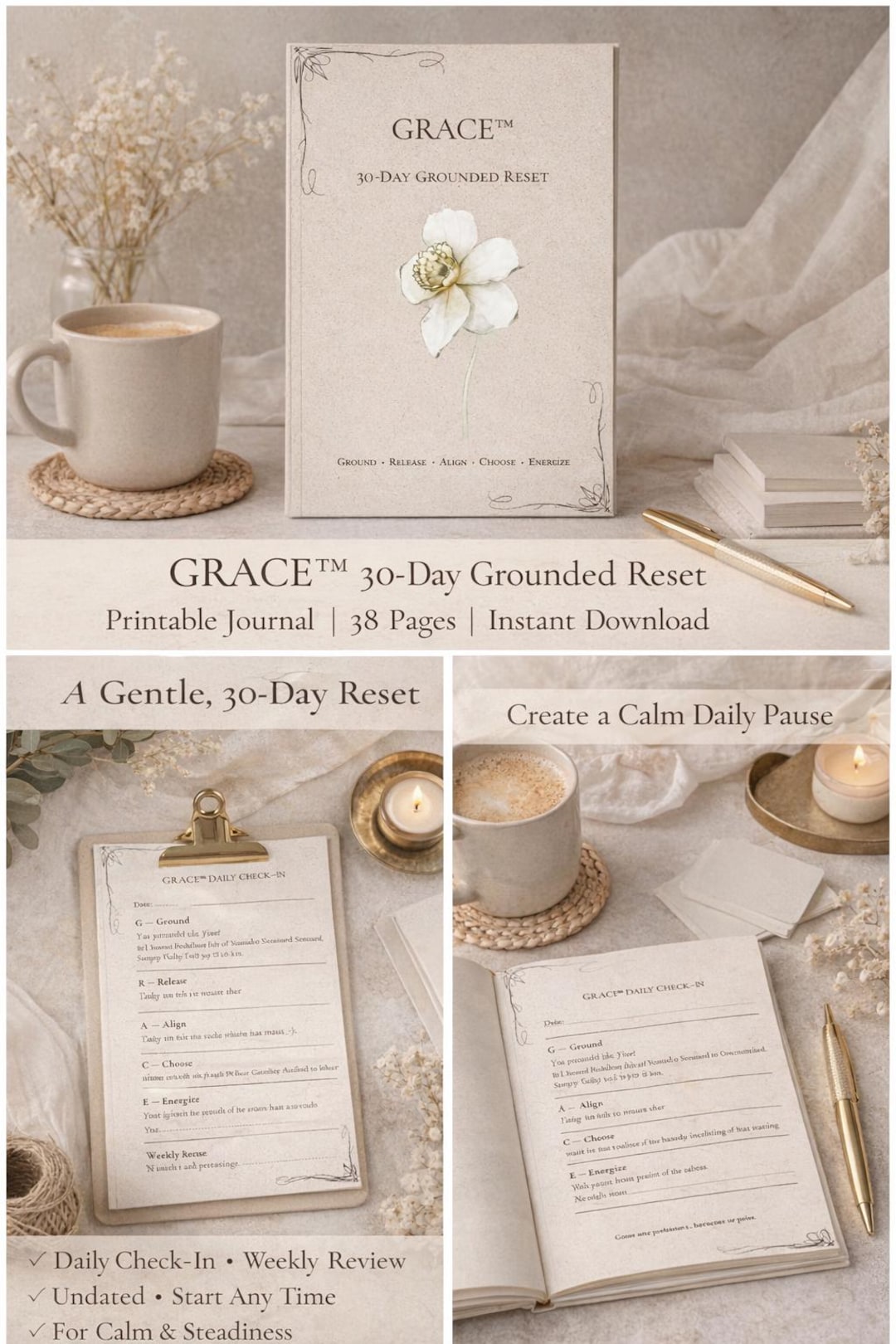 GRACE™ 30-day Grounded Reset | Daily Check-in Journal for Calm ...