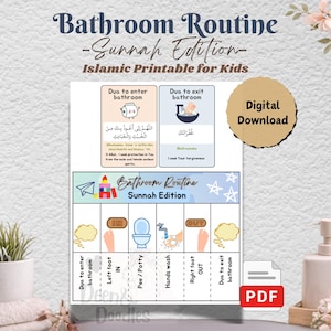 Könnte beinhalten: Ein druckbares "Bathroom Routine - Sunnah Edition" für Kinder, mit einer Schritt-für-Schritt-Anleitung mit Illustrationen und Text. Enthält Anweisungen zum Betreten und Verlassen des Badezimmers, Händewaschen und mehr. Die Wörter "Digitaler Download" und "PDF" sind ebenfalls sichtbar.