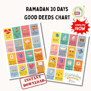 Puede incluir: Un colorido gráfico de buenas acciones del Ramadán de 30 días con varias tareas como ayudar a los padres, recitar oraciones y hacer tarjetas. El gráfico está diseñado con una opción de descarga en PDF y presenta el texto "Descarga instantánea."