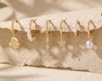 Conjunto de pendientes de oro de 18 quilates, conjunto de pendientes apilables, pendientes de aro con forma de estrella, pendientes huggie con perlas, conjunto de múltiples piercings, joyería celestial, regalo para ella.