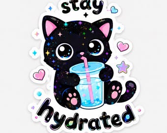 Stay Hydrated Cat Sticker, Cute Waterproof Vinyl Decal, Drink Water Reminder, Emotional Support Water Bottle Sticker, Aesthetic Girly Gift.